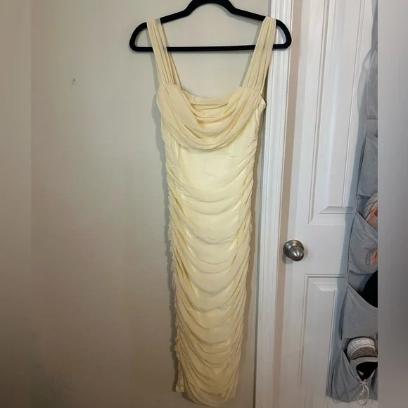 Prettygarden Dresses | Chic Cream Ruched Midi Dress | Color: Gold | Size: S | Reeseconnelly's Closet